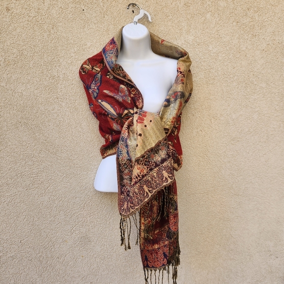 Butterfly Scarf Burgundy Beige Wrap Shawl Fringe 26 x 64 - Picture 2 of 7